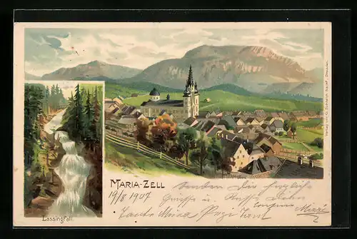 Lithographie Maria-Zell, Ortsansicht mit Lassingfall