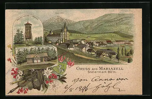 Lithographie Mariazell, Ortsansicht mit Erzh. Franz Karls-Höhe