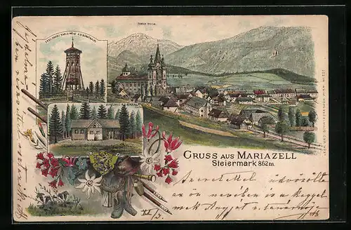 Lithographie Mariazell, Ortsansicht mit Erzh. Franz Karls-Höhe