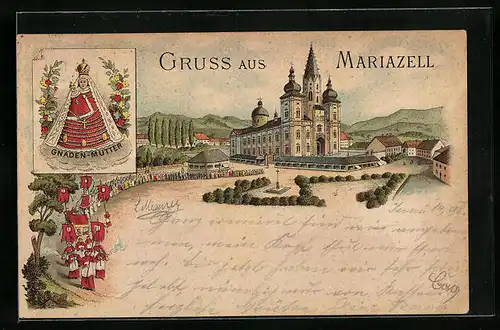 Lithographie Mariazell, Basilika mit Prozession und Gnadenmutter