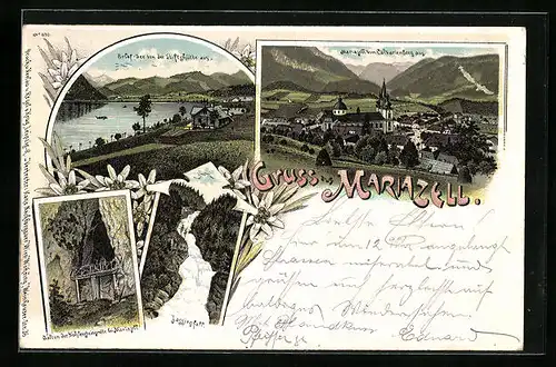Lithographie Mariazell, Ortsansicht vom Calvarienberg, Erlaf-See und Hohlensteingrotte