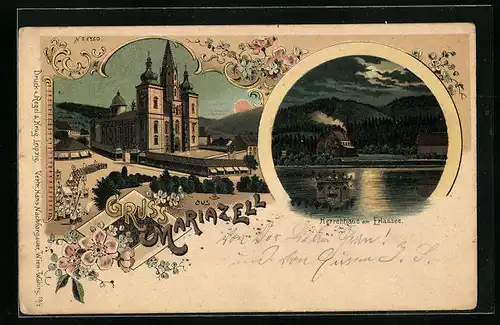 Lithographie Mariazell, Basilika mit Prozession und Herrenhaus am Erlassee