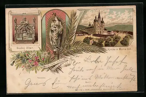 Lithographie Maria Zell, Kirche, Gnaden-Altar und Marienstatue