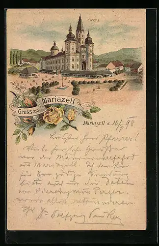 Lithographie Mariazell, Kirche mit Platz