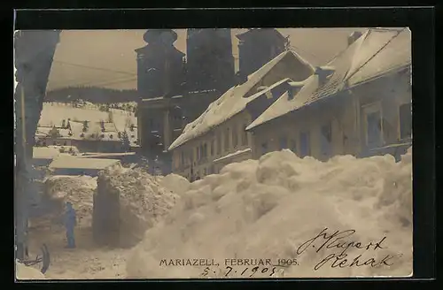 AK Mariazell, Verschneite Ortspartie im Februar 1905