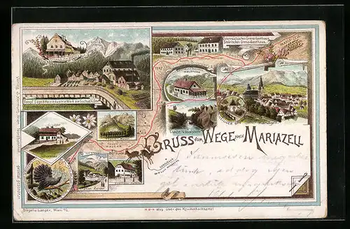 Lithographie Mariazell, Ortsansicht mit Karte des Weges nach Mariazell
