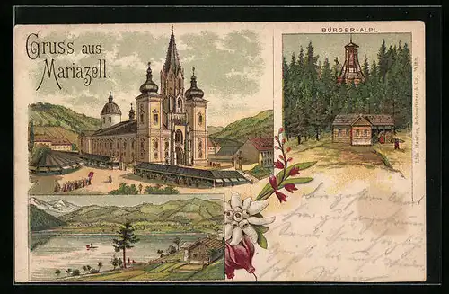 Lithographie Mariazell, Basilika mit Erlaf-See und Bürger-Alpl