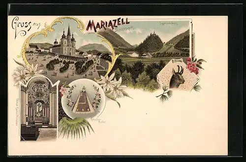 Lithographie Mariazell, Basilika mit Sigmundsberg und Gnadenmutter