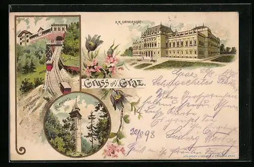 Lithographie Graz, K. K. Universität, Schlossbergbahn und Hilmwarte