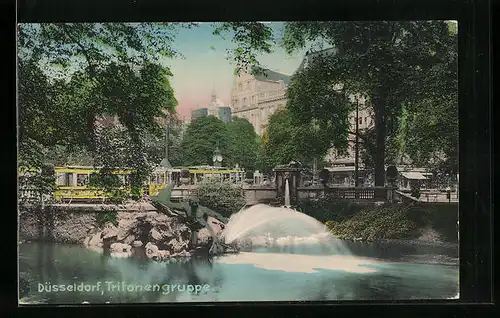 AK Düsseldorf, Tritonengruppe mit Strassenbahn