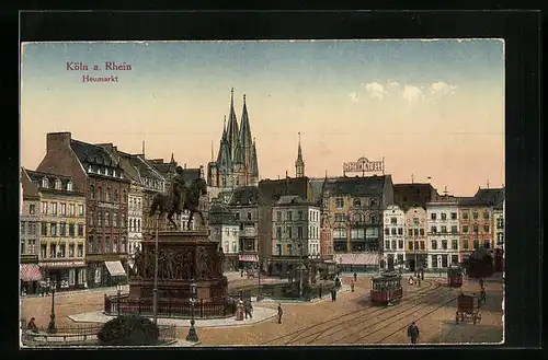 AK Köln /Rh., Reiterdenkmal und Strassenbahnen auf dem Heumarkt