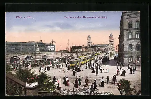 AK Cöln a. Rh., Partie an der Hohenzollernbrücke mit Strassenbahnen