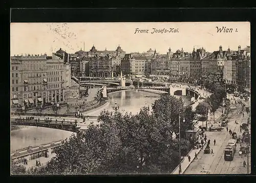 AK Wien, Franz Josefs-Quai mit Brücken und Strassenbahnen