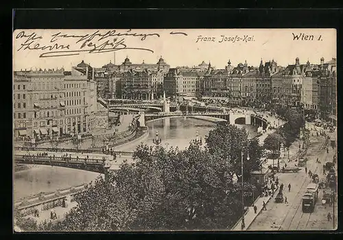 AK Wien, Franz Josefs-Quai mit aus der Vogelschau, mit Strassenbahn