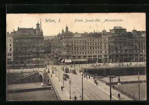 AK Wien, Franz Josefs-Quai mit Strassenbahn und Marienbrücke