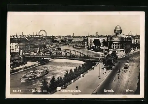 AK Wien, Donaukanal mit Aspernbrücke, Urania und Strassenbahn