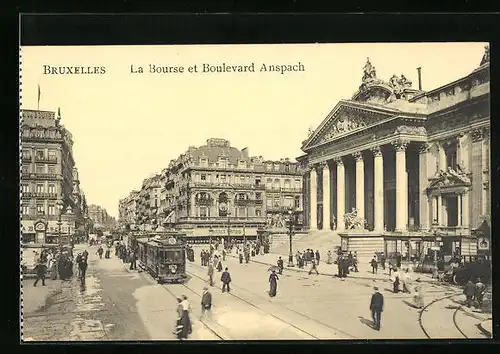 AK Bruxelles, La Bourse et Bopulevard Anspach, Strassenbahn