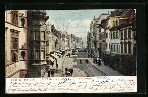 AK Freiburg i. B., Kaiserstrasse mit Strassenbahnen aus der Vogelschau