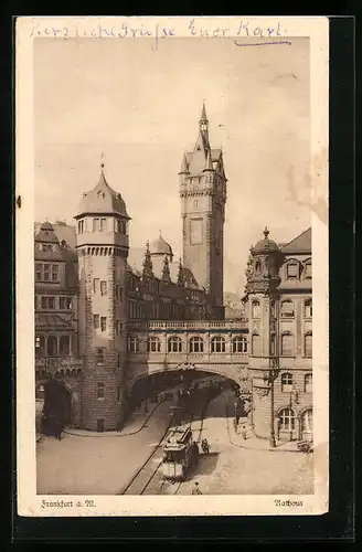 AK Frankfurt a. M., Strassenbahn am Rathaus