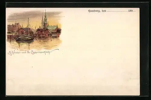 Lithographie Hamburg, St. Nikolaikirche, St. Catharinenkirche