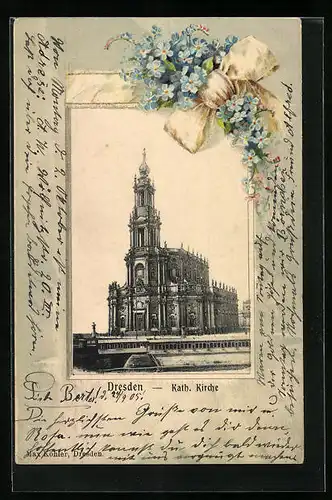 Präge-AK Dresden, Katholische Kirche unter Blumen