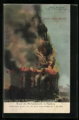 AK Hamburg-Neustadt, Brand der Michaeliskirche, Einsturz des Turmes