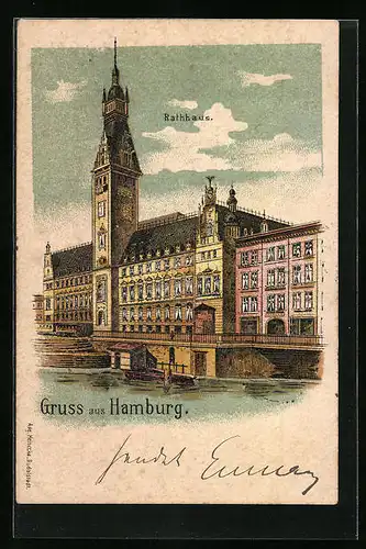 Lithographie Hamburg, Elbpartie mit Rathaus