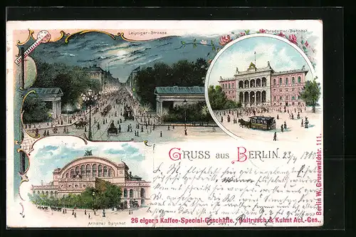 Lithographie Berlin, Leipziger Strasse, Potsdamer Bahnhof, Anhalter bahnhof