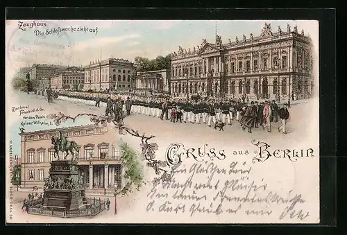 Lithographie Berlin, Zeughaus, Denkmal Friedrich des Grossen vor dem Palais Kaiser Wilhelm I.