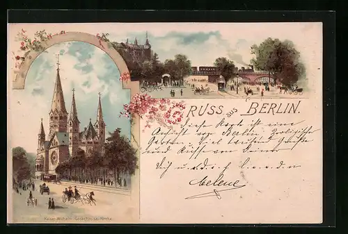 Lithographie Berlin, Kaiser-Wilhelm-Gedächtnis-Kirche, Bahnhof am Alexanderplatz