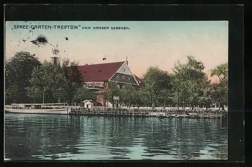 AK Berlin-Treptow, Gasthod Spree-Garten-Treptow vom Wasser gesehen