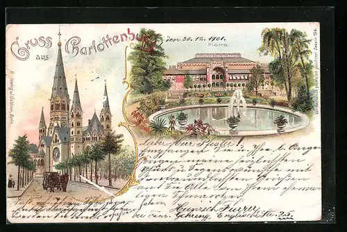 Lithographie Berlin-Charlottenburg, Gedächtniskirche und Flora mit Springbrunnen