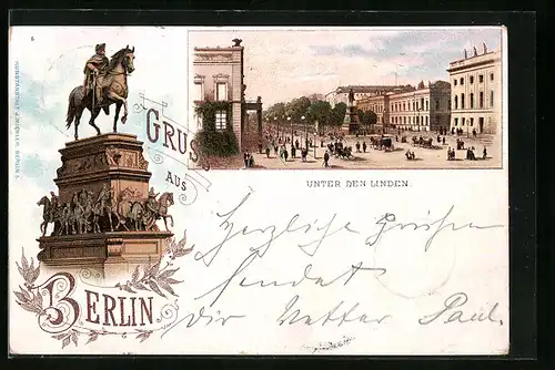 Lithographie Berlin, Unter den Linden, Reiterdenkmal