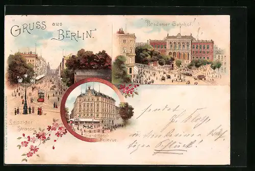 Lithographie Berlin, Grand Hotel Bellevue, Potsdamer Bahnhof, Partie in der Leipziger Strasse