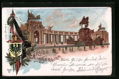 Lithographie Berlin, Nationaldenkmal mit Wappen