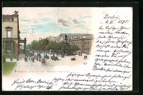 Lithographie Berlin, Unter den Linden mit Denkmal Friedrich des Grossen