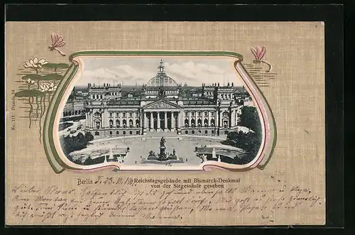 Künstler-AK Berlin, Reichstagsgebäude mit Bismarck-Denkmal von der Siegessäule gesehen, Seerosen