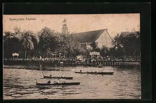 AK Berlin-Treptow, Gasthaus Spreegarten vom Wasser gesehen