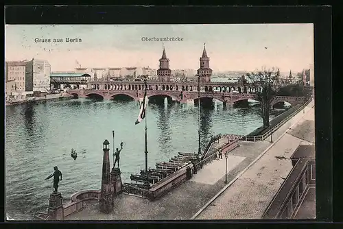 AK Berlin, Oberbaumbrücke und Spreeuferstrasse