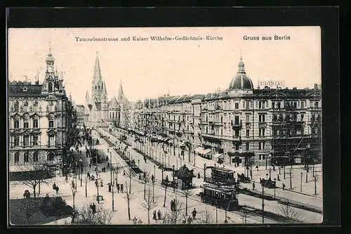 AK Berlin, Tauentzienstrasse und Kaiser Wilhelm-Gedächtnis-Kirche mit Apotheke, Strassenbahn