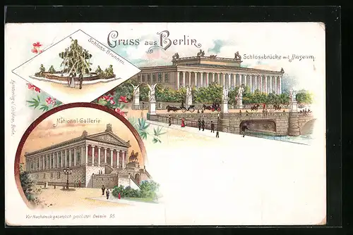 Lithographie Berlin, Schlossbrücke mit Museum, National-Gallerie, Schloss-Brunnen