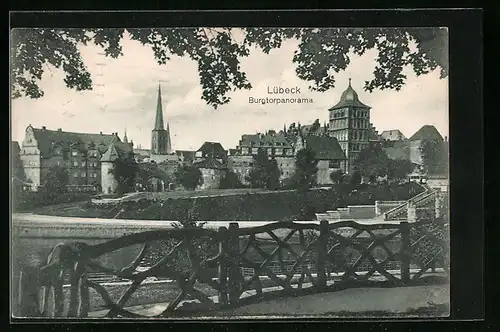 AK Lübeck, Burgtorpanorama mit Kirche