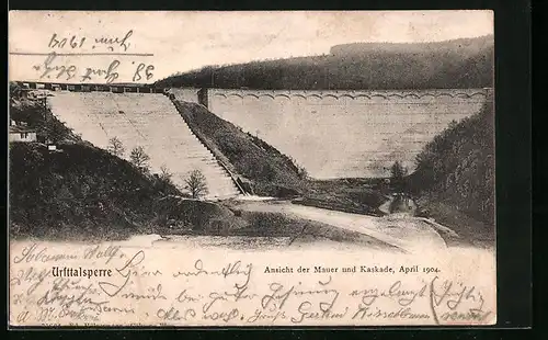 AK Gemünd i. Eifel, Urfttalsperre, Ansicht der Mauer und Kaskade, April 1904