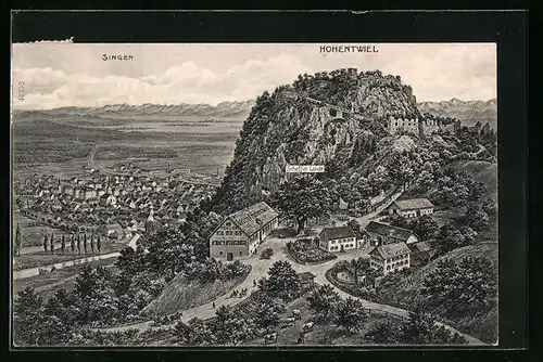 Künstler-AK Singen, Ortsansicht mit Hohentwiel