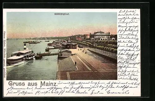 AK Mainz, Rheinquai mit Dampfer