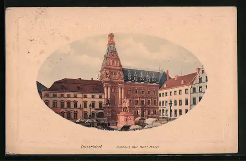 Präge-AK Düsseldorf, Rathaus und Alter Markt mit Denkmal, Passepartout