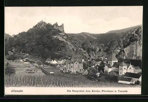 AK Altenahr, Die Burgruine Are, Kirche und Pfarrhaus