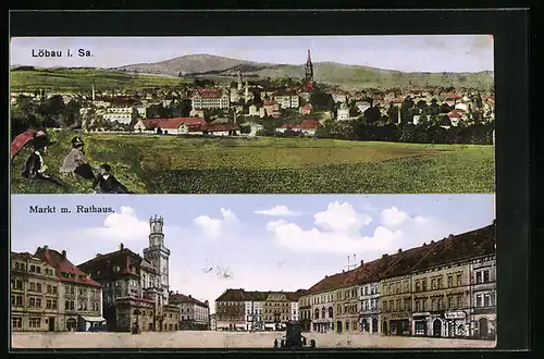 AK Löbau i. Sa., Totalansicht, Markt mit Rathaus