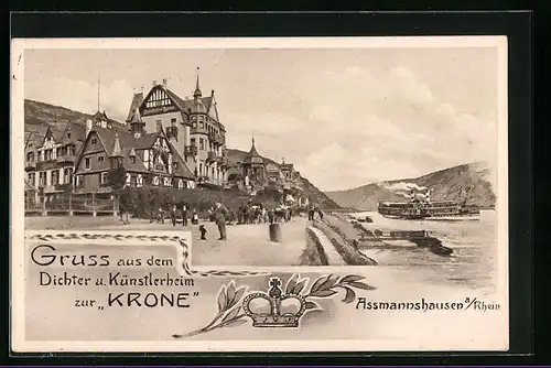 AK Assmannshausen a. Rh., Gasthof zur Krone mit Rheindampfer