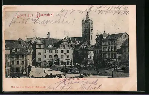 AK Darmstadt, Marktplatz mit Rathaus